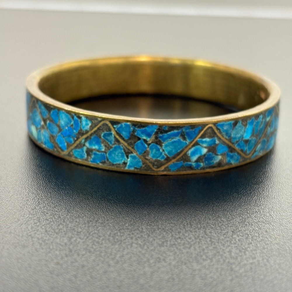 Vintage Womens Bangle OS Blue Brass Turquoise Mosaic Inlay Boho Southwestern